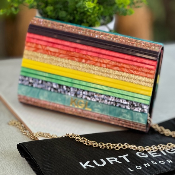 KURT GEIGER LONDON PARTY CLUTCH BAG new with dust bag rainbow paneled pe… - Picture 10 of 11